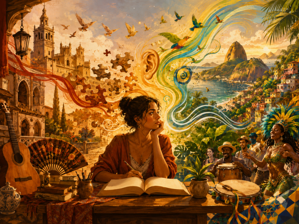 Spanish to Brazilian Portuguese with pronunciation, grammar, word patterns, examples, and a practical study plan.