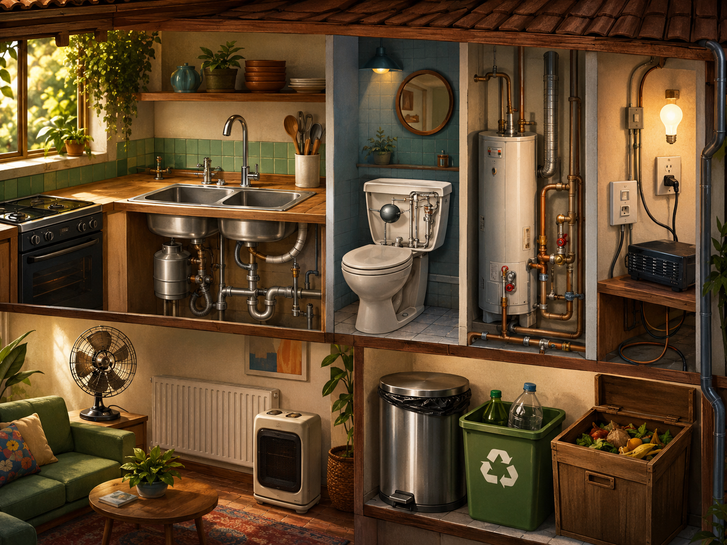 Learn Brazilian Portuguese home vocabulary for electricity, plumbing, bathroom, kitchen, heating, and waste disposal.
