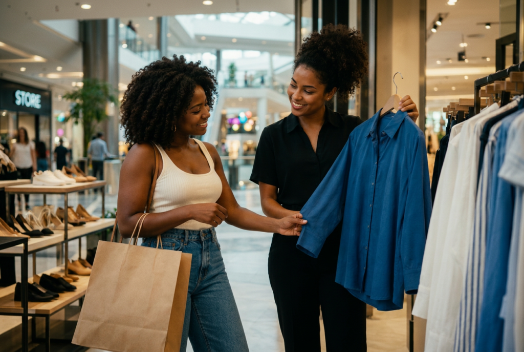 Learn Brazilian Portuguese shopping vocabulary for malls, store departments, fitting rooms, prices, payments, and exchanges.